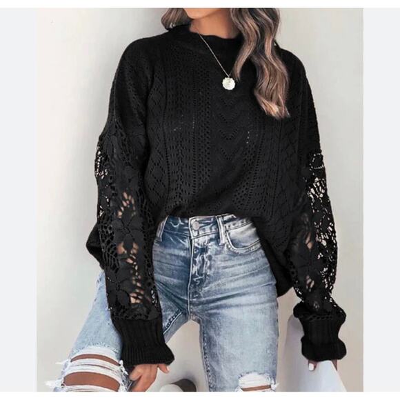 Fashion delicate crochet flower loose black sweater puff sleeve flared SZ XL - Picture 10 of 14
